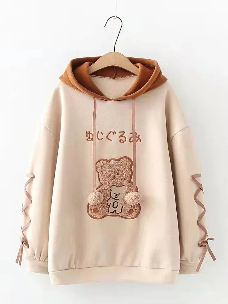 Metaversmall Fleece Women Kawaii Hoodies Winter Harajuku Cartoon Bear Print Cute Warm Hooded Sweatshirts Casual Drawstring Pullover