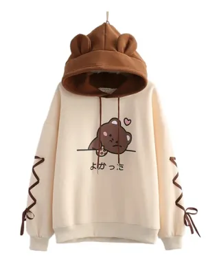 Metaversmall Fleece Women Kawaii Hoodies Winter Harajuku Cartoon Bear Print Cute Warm Hooded Sweatshirts Casual Drawstring Pullover