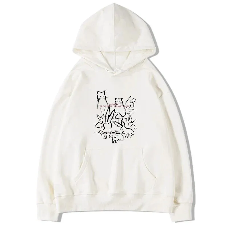 Metaversmall Loose Hooded Drawstring Lovely Printing Street Female Hoodies Winter Fashion Basic Simple Casual Pure Color Women Hoodies