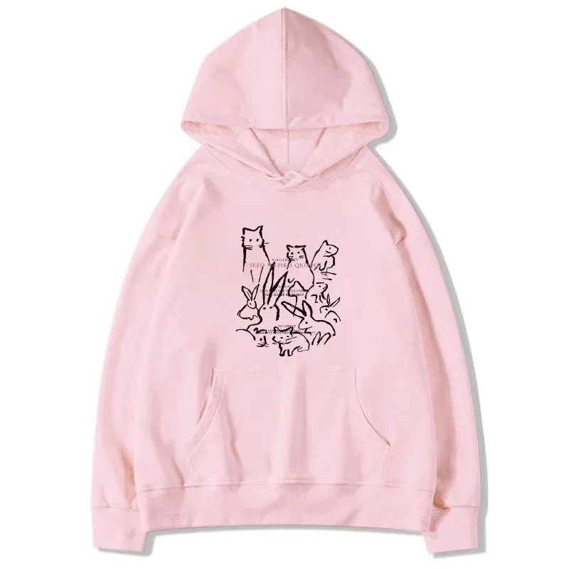 Metaversmall Loose Hooded Drawstring Lovely Printing Street Female Hoodies Winter Fashion Basic Simple Casual Pure Color Women Hoodies