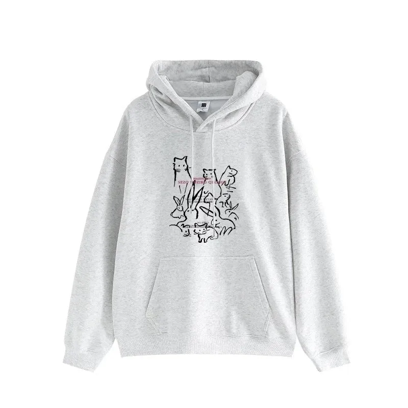 Metaversmall Loose Hooded Drawstring Lovely Printing Street Female Hoodies Winter Fashion Basic Simple Casual Pure Color Women Hoodies