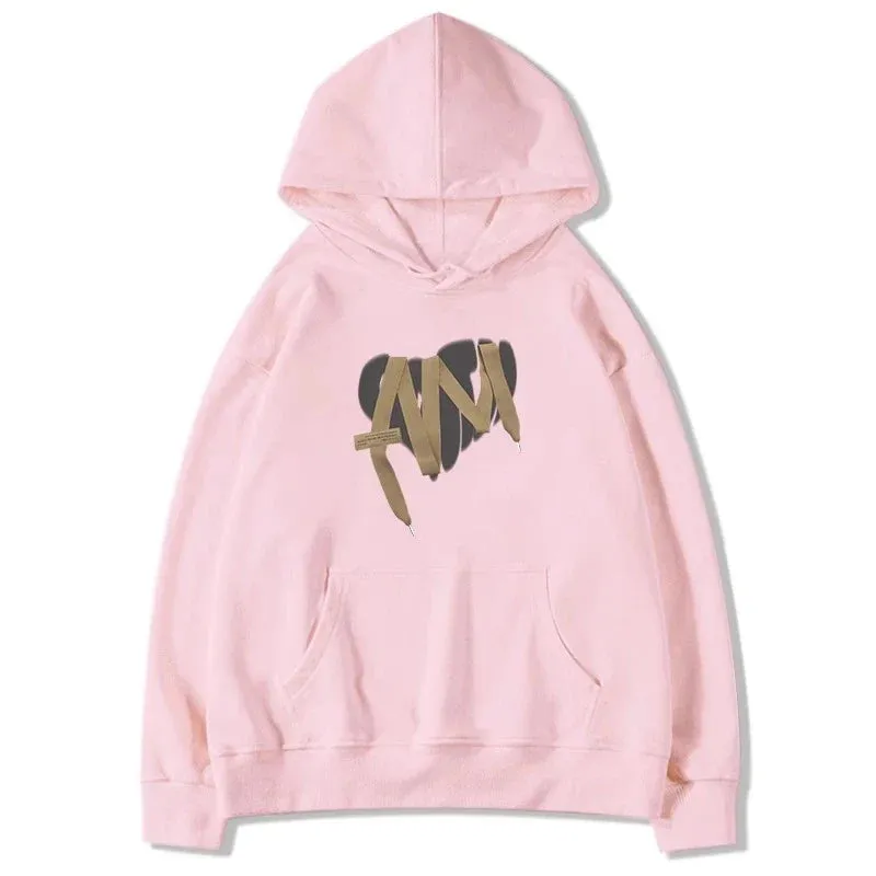 Metaversmall Pink Hooded Chic Printed Loose Women Hoodies Winter Basic Drawstring Simple Casual Fashion Top Solid Color Female Hoodies