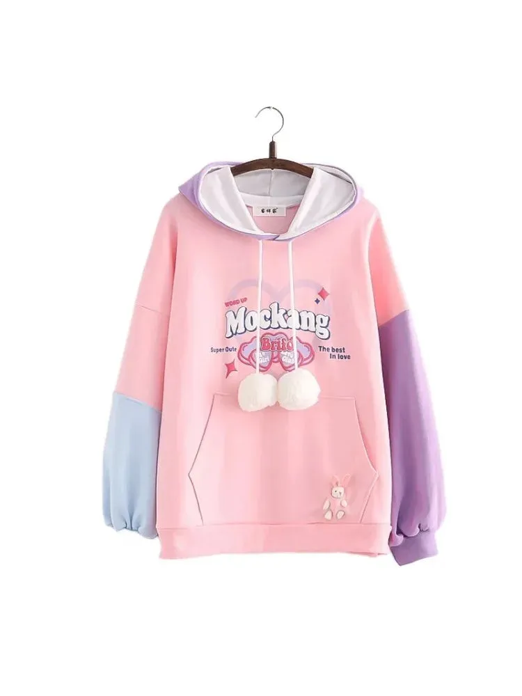 Metaversmall Sweet Style Letter Print Patchwork Harakuju Women Hoodies Drawstring Hooded Sweatshirt Winter Female Cotton Kawaii Pullover