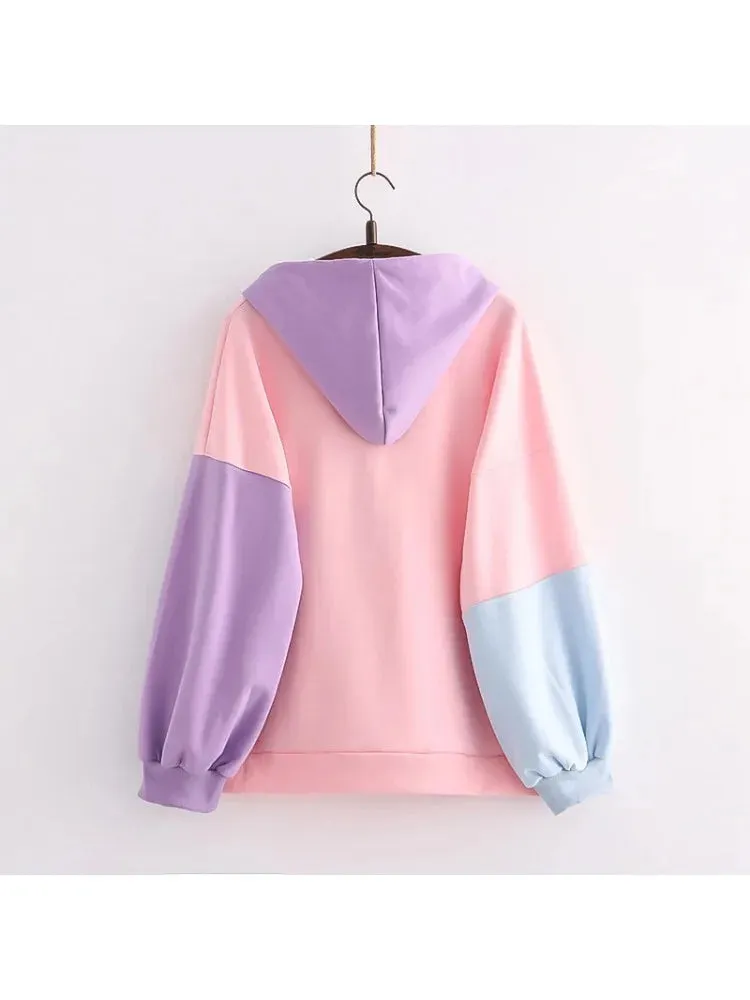 Metaversmall Sweet Style Letter Print Patchwork Harakuju Women Hoodies Drawstring Hooded Sweatshirt Winter Female Cotton Kawaii Pullover