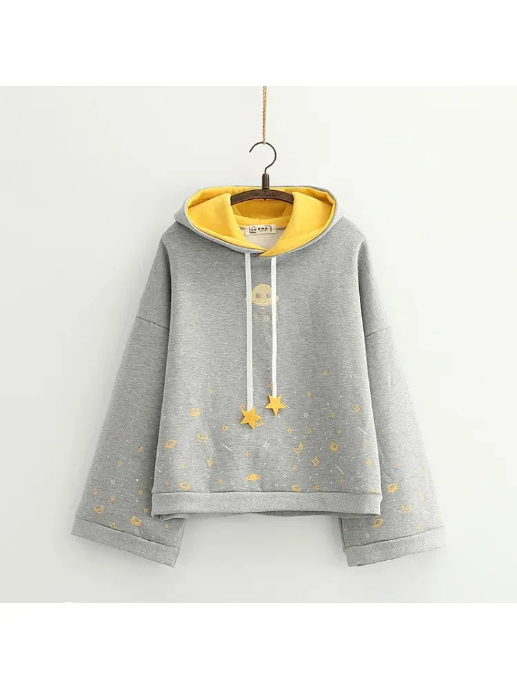 Metaversmall Winter Women Cartoon Embroidery Fleece Hoodies Sweatshirts Casual Flare Sleeve Tracksuits Female Hooded Pullover Warm Top