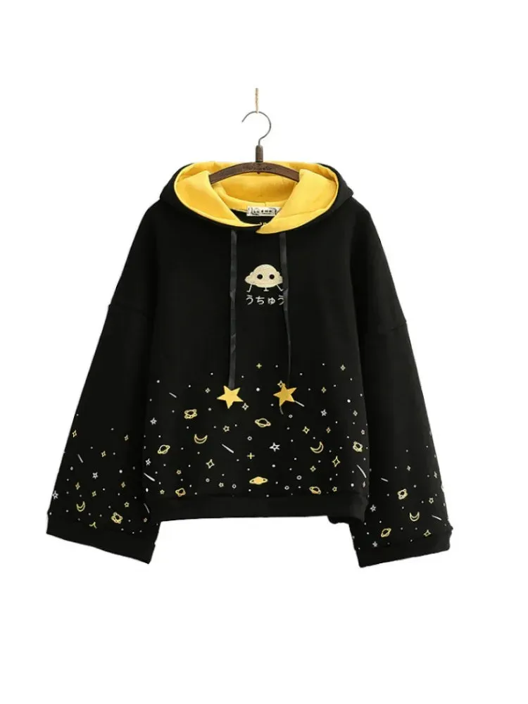 Metaversmall Winter Women Cartoon Embroidery Fleece Hoodies Sweatshirts Casual Flare Sleeve Tracksuits Female Hooded Pullover Warm Top