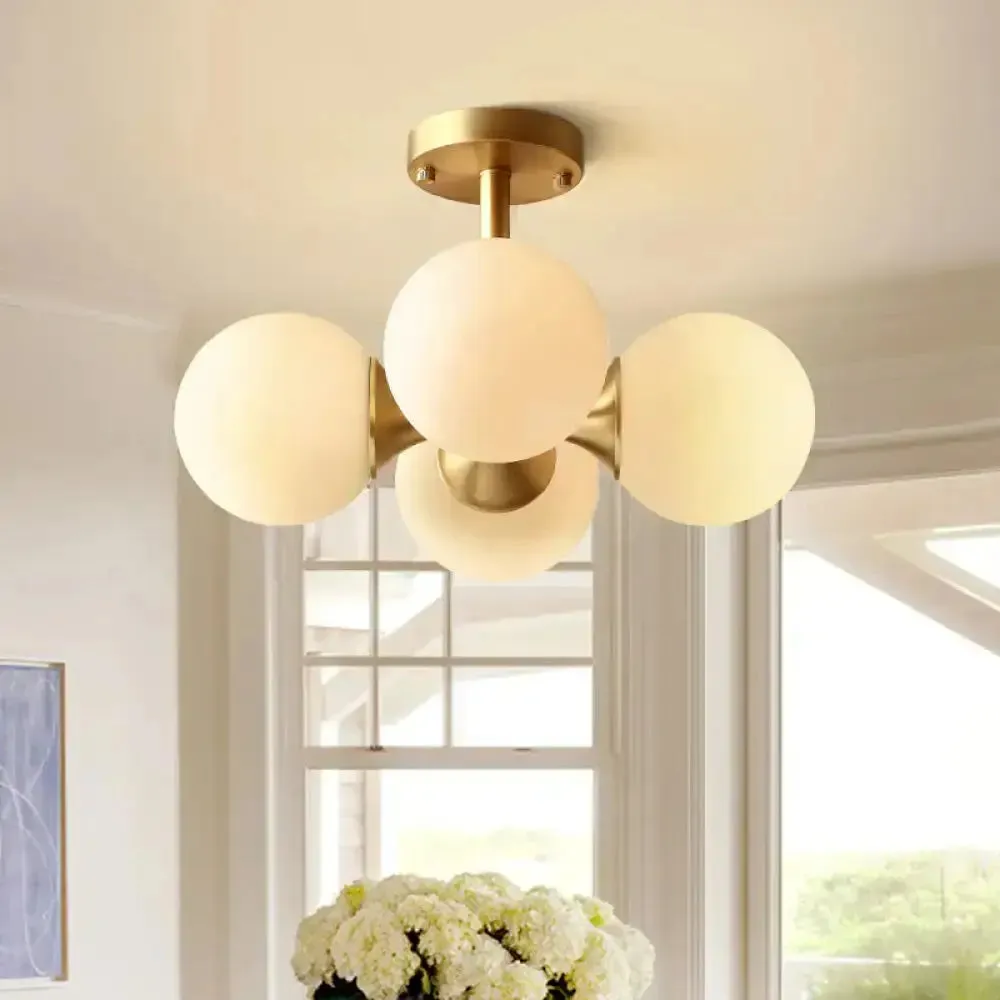 Opaline Glass 4 Bulb Semi Flush Gold Ceiling Mount Light Fixture for Ball Kitchen