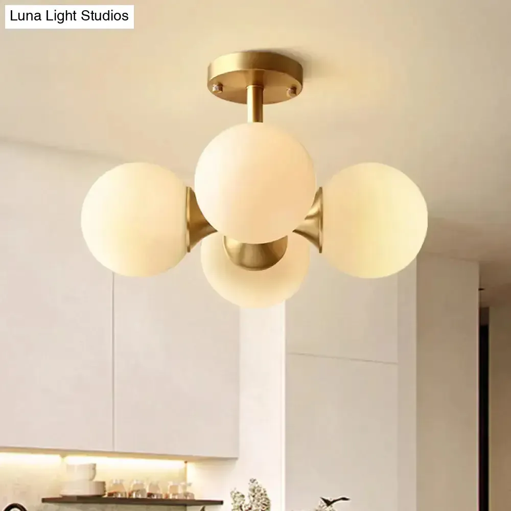 Opaline Glass 4 Bulb Semi Flush Gold Ceiling Mount Light Fixture for Ball Kitchen