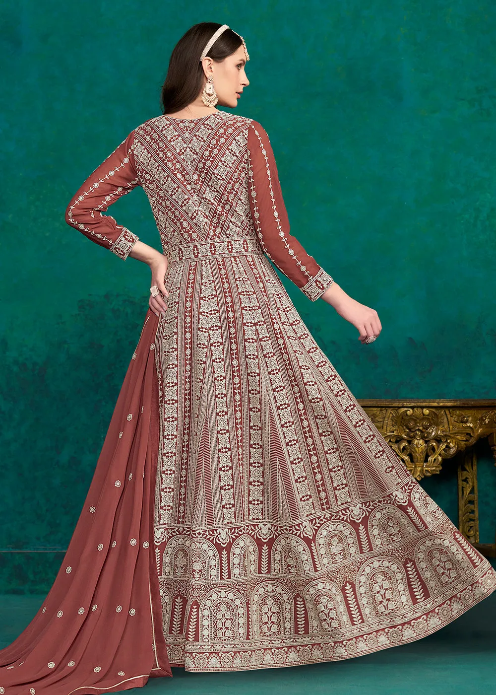 Rust Lucknowi Embroidered Wedding Anarkali Suit