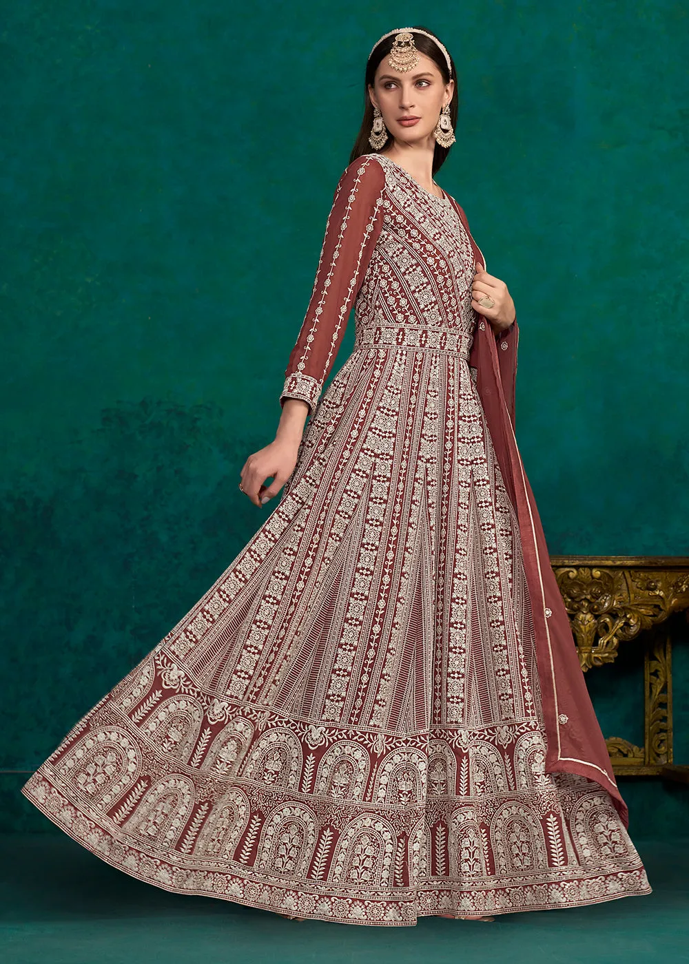 Rust Lucknowi Embroidered Wedding Anarkali Suit