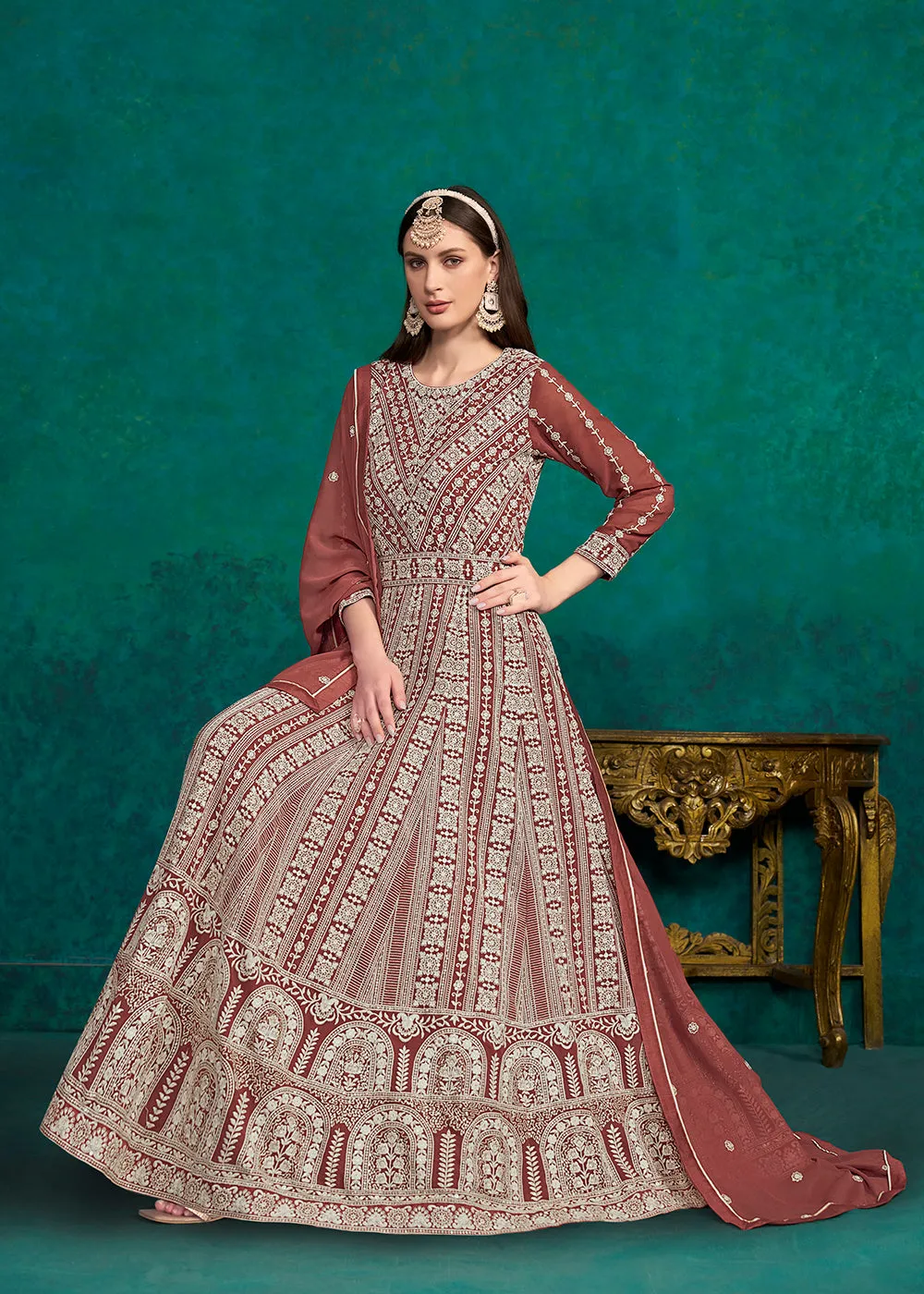 Rust Lucknowi Embroidered Wedding Anarkali Suit