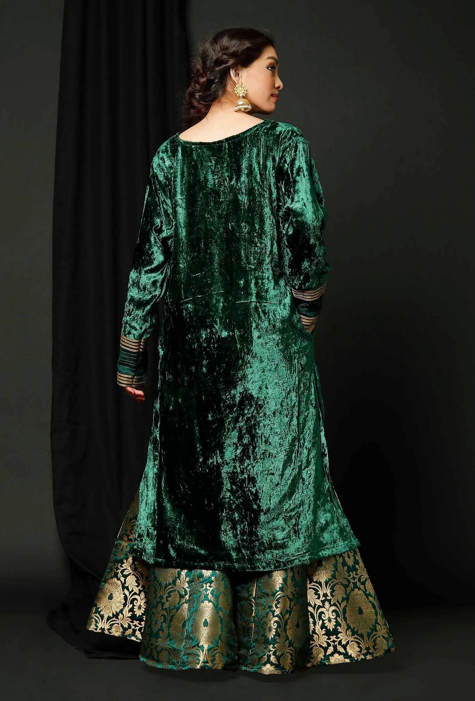 Set of 2 : Green Velvet Phiran and Green Banarsi Brocade Sharara