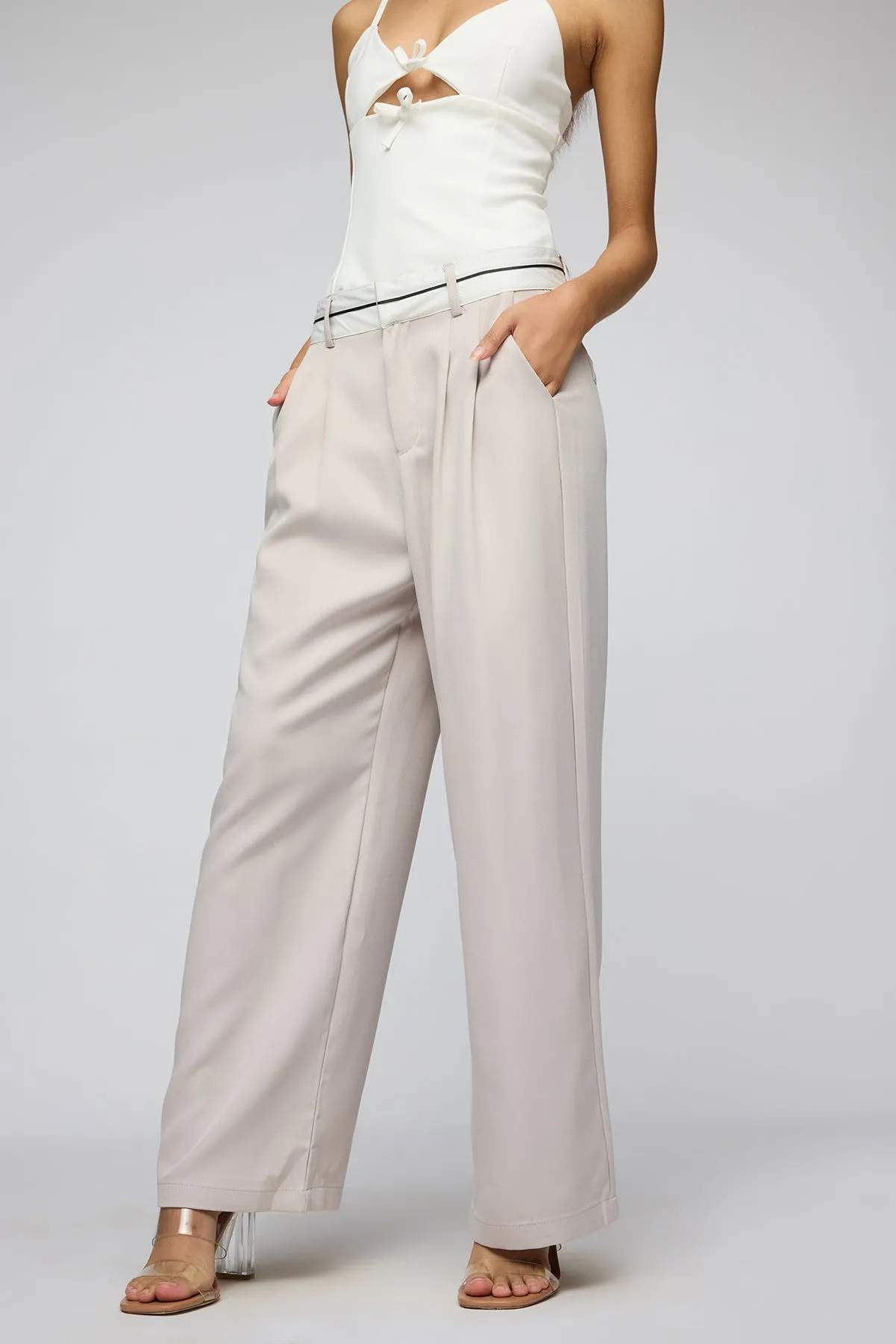 Silver Grey Contrast Waist Korean Pants