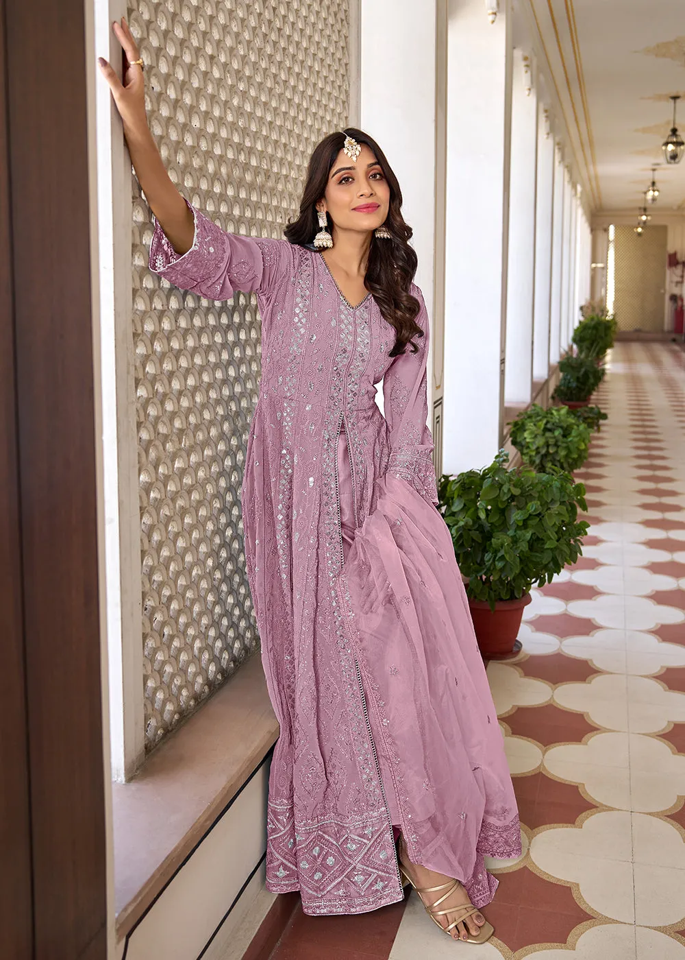 Slit Style Lavender Embroidered Wedding Festive Anarkali Suit