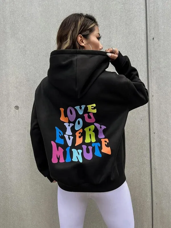 SXV  'LOVE U EVERY MINUTE’ Printed Cool Aesthetic Sweatshirt Hoodie