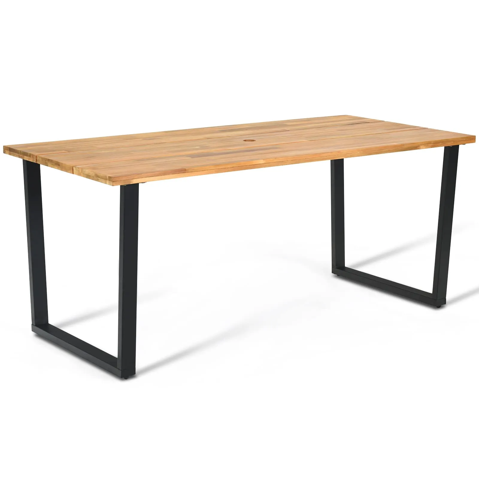 Tangkula 69"x 32"Patio Dining Table, Acacia Wood Rectangle Table with Metal Legs, 2" Umbrella Hole