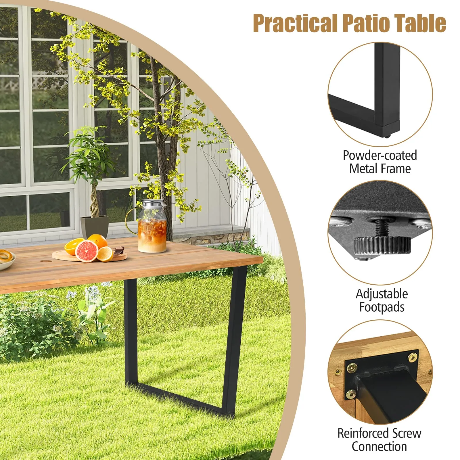 Tangkula 69"x 32"Patio Dining Table, Acacia Wood Rectangle Table with Metal Legs, 2" Umbrella Hole