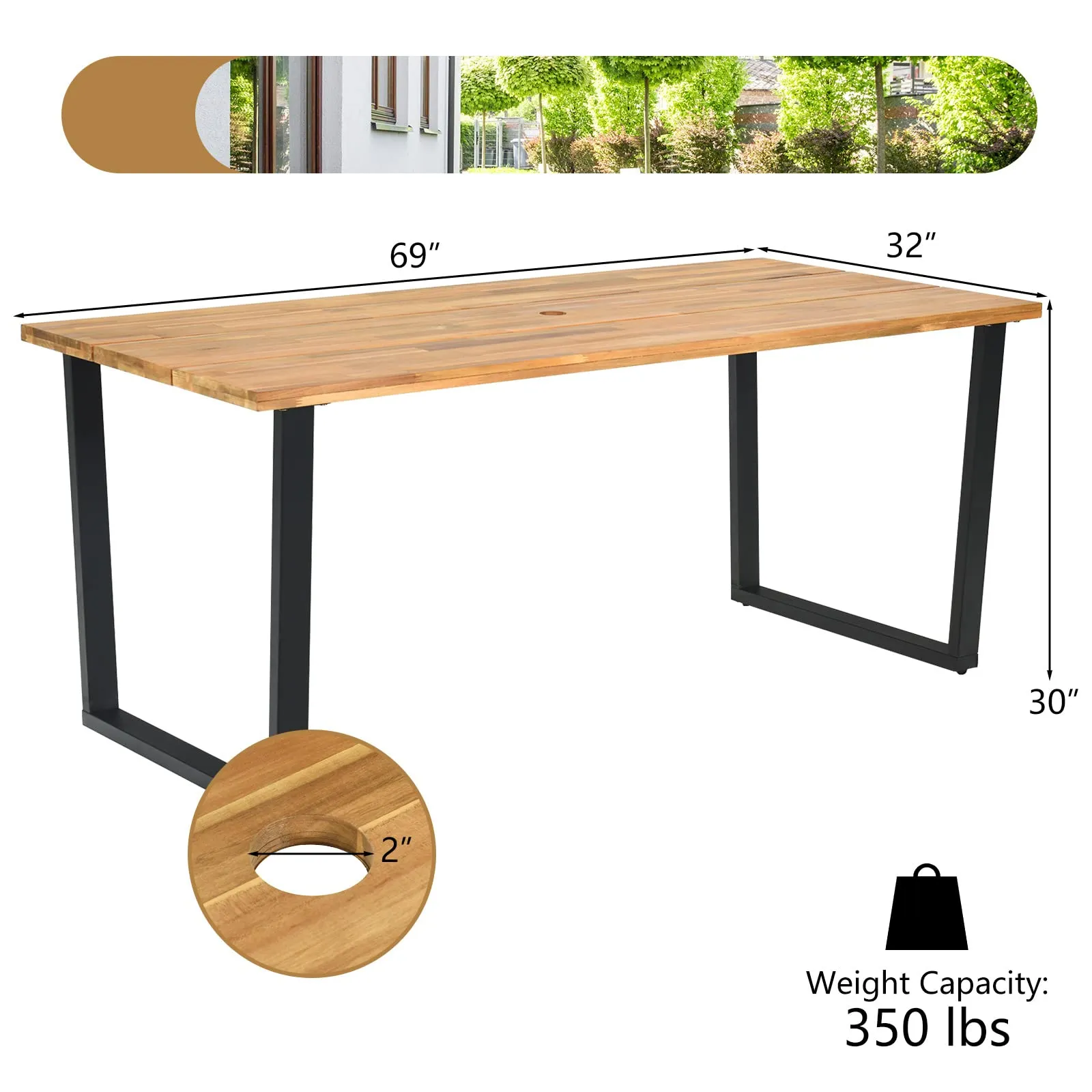 Tangkula 69"x 32"Patio Dining Table, Acacia Wood Rectangle Table with Metal Legs, 2" Umbrella Hole