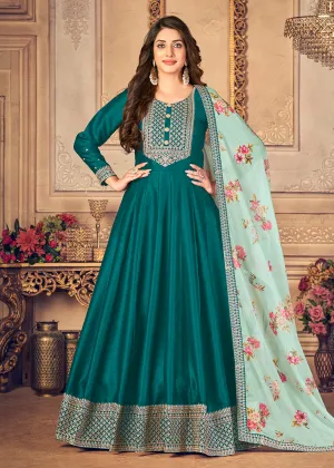 Teal Green Silk Beautifully Embroidered Floor Length Anarkali