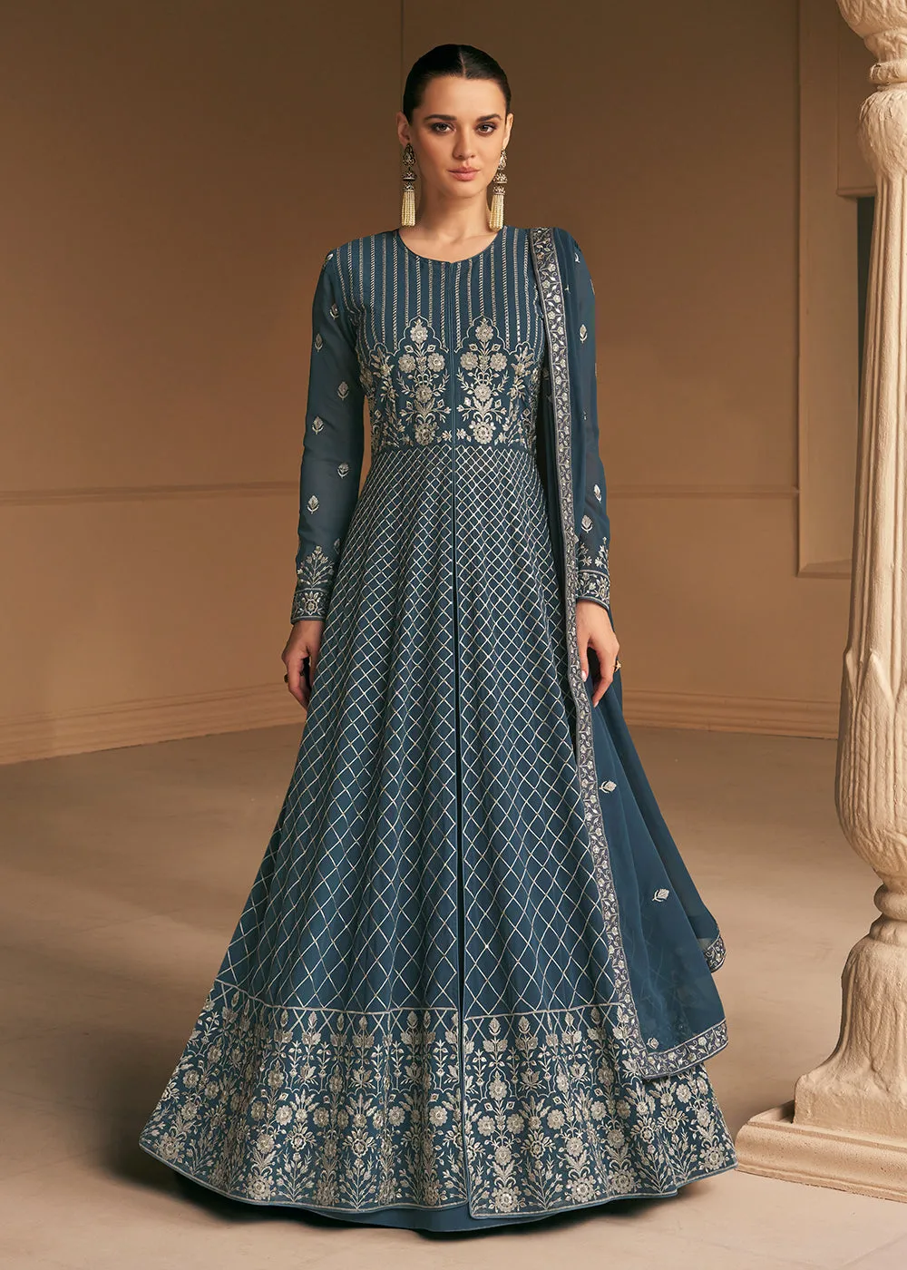 Tempting Real Georgette Blue Wedding Wear Anarkali Suit