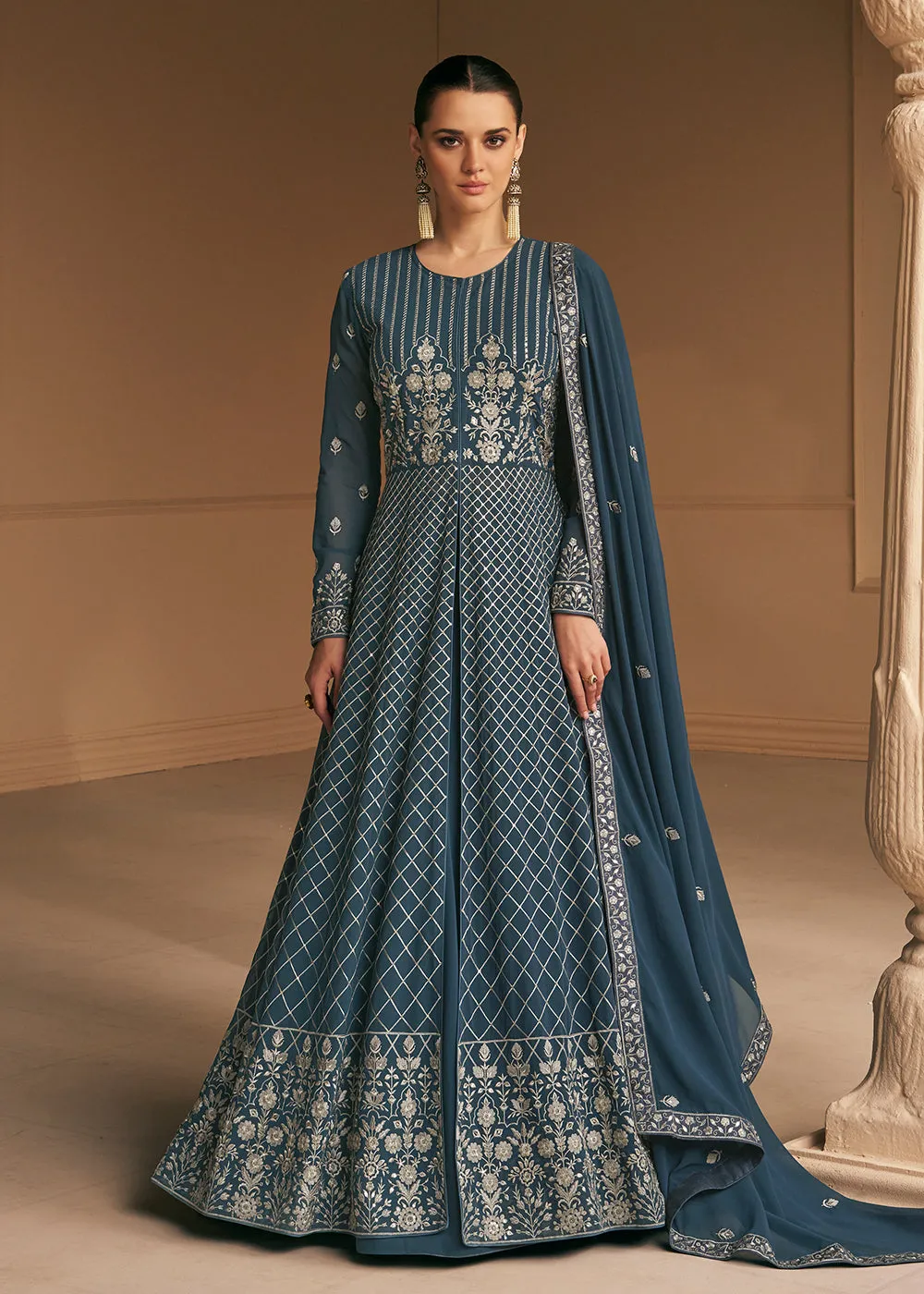 Tempting Real Georgette Blue Wedding Wear Anarkali Suit