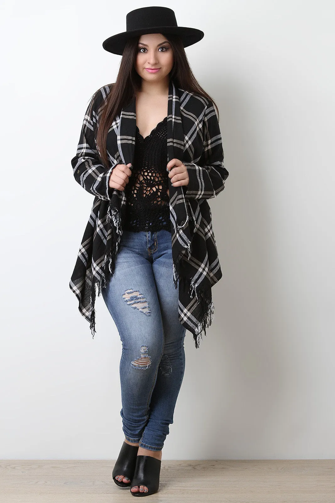 Textured Plaid Long Sleeve Cardigan