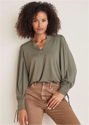 V-Neck Puff Sleeve Top - Olive