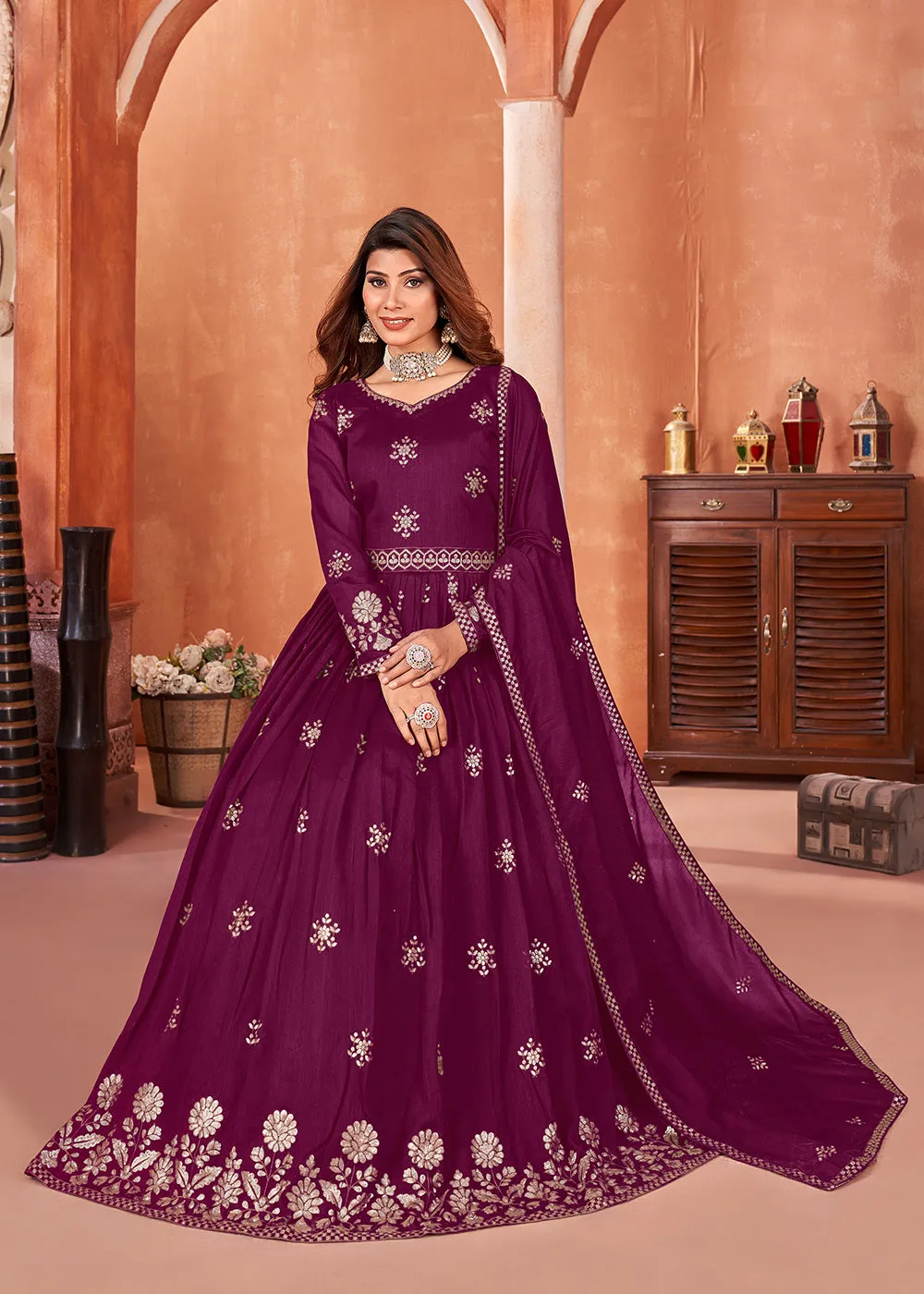 Wine Purple Festive Embroidered Art Silk Anarkali Suit