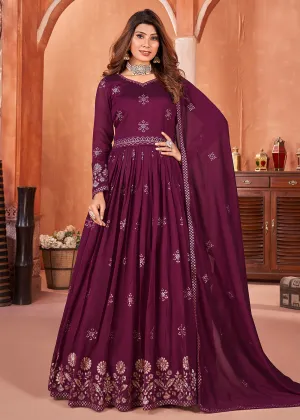 Wine Purple Festive Embroidered Art Silk Anarkali Suit