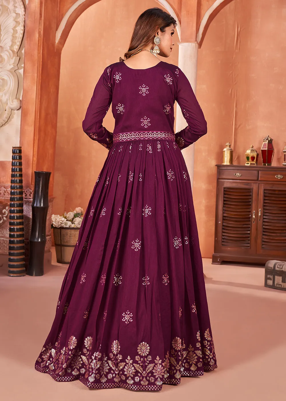 Wine Purple Festive Embroidered Art Silk Anarkali Suit