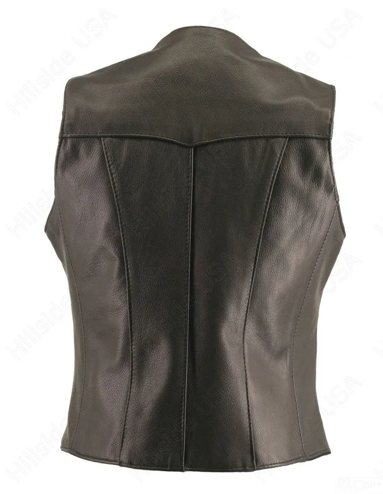 Womens Made in USA Naked Leather Motorcycle Vest Mercury Dime Snaps