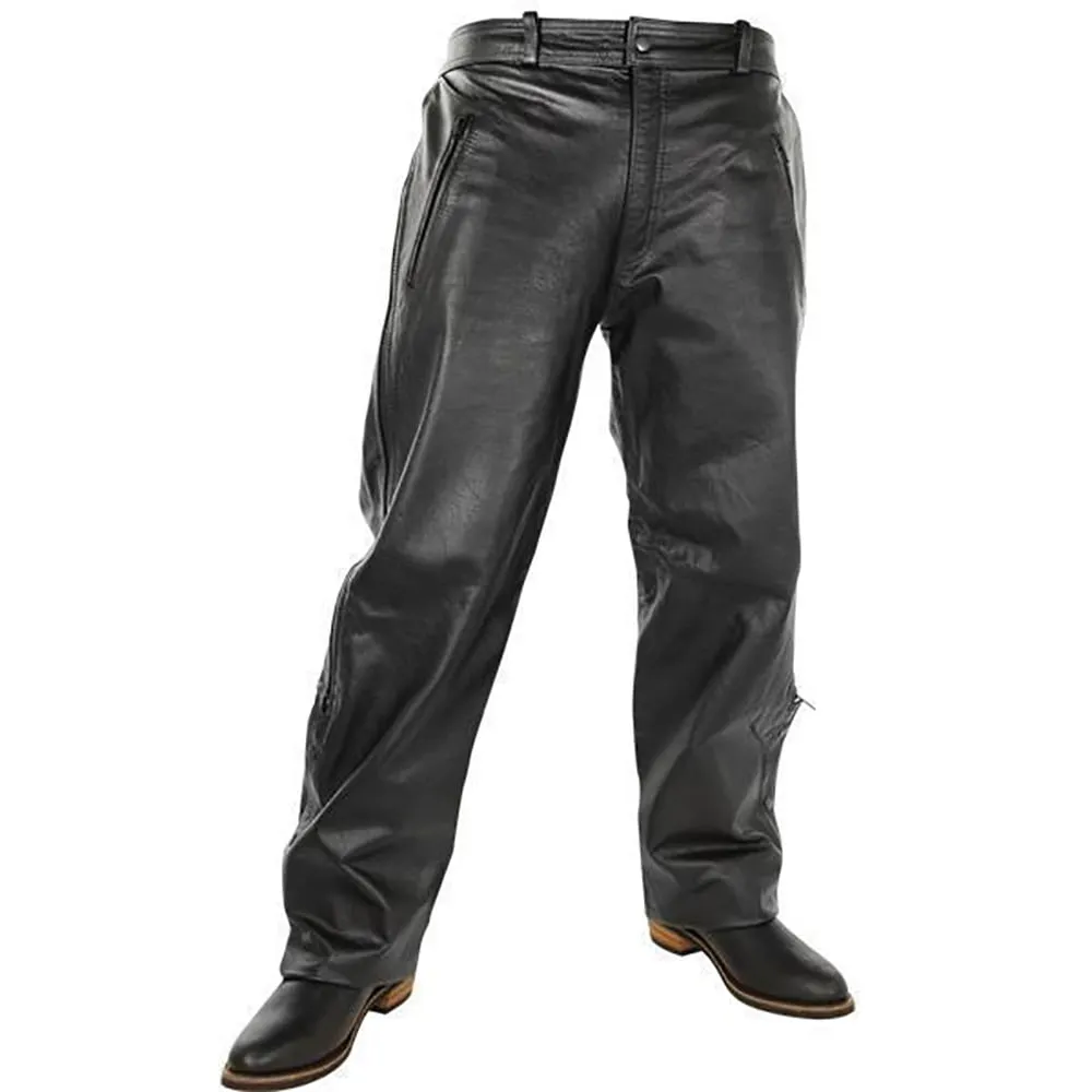 Xelement B7440 Men's Black Premium Leather Motorcycle Protective Over Pants w/ Side Zipper Entry